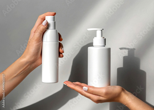 Skincare Bottles Held by Hands – White Cosmetic Packaging Photography