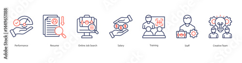 Employee Recruitment icon sheet vector performance, resume, online job search, salary, training, staff, creative team