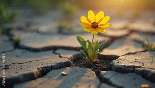 Vibrant yellow flower emerges from cracked earth. Symbolizes hope, resilience amid challenging conditions. Demonstrates life tenacity. A contrast of fragility and strength in adverse environment.