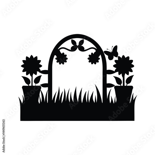 Black silhouette of a garden with flower pots, sunflower, butterfly, and picket fence