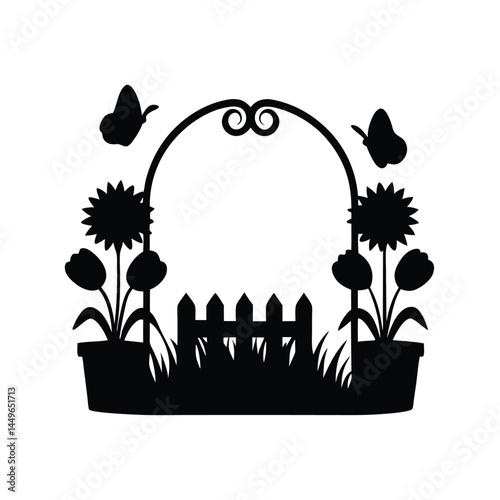 Black silhouette of a garden with flower pots, sunflower, butterfly, and picket fence