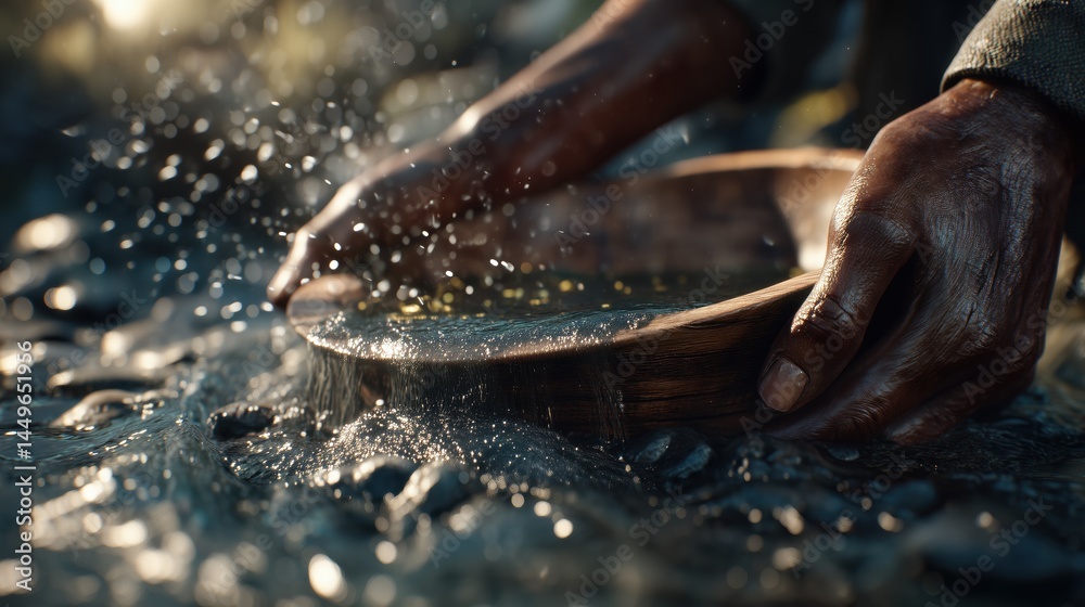 Photorealistic close-up of gold panning in a rushing stream, sunlight glinting off water droplets, tiny gold flakes visible against black sand, weathered hands holding traditional wooden pan Photorealistic close-up of gold panning in a rushing stream, sunlight glinting off water droplets, tiny gold flakes visible against black sand, weathered hands holding traditional wooden pan