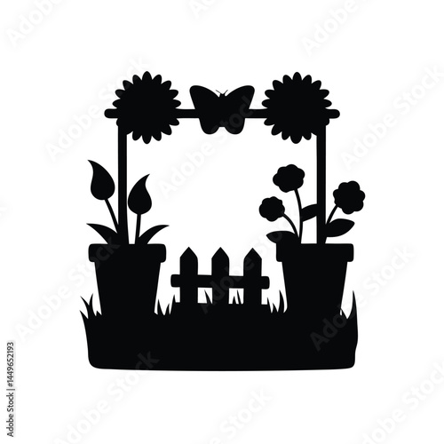 Black silhouette of a garden with flower pots, sunflower, butterfly, and picket fence