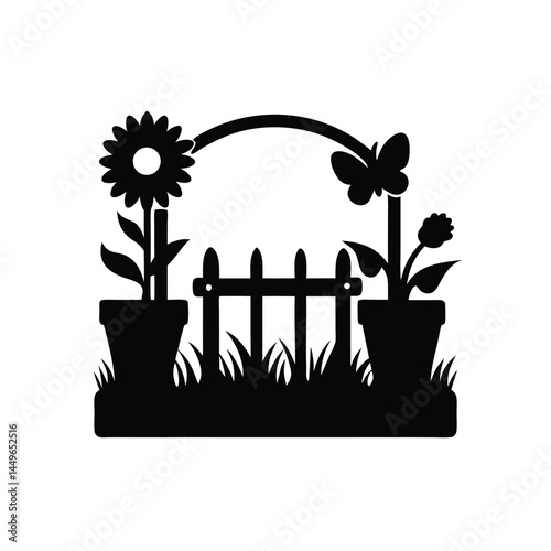Black silhouette of a garden with flower pots, sunflower, butterfly, and picket fence