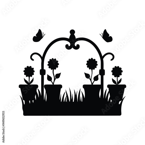 Black silhouette of a garden with flower pots, sunflower, butterfly, and picket fence