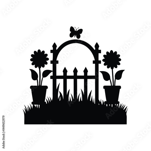 Black silhouette of a garden with flower pots, sunflower, butterfly, and picket fence
