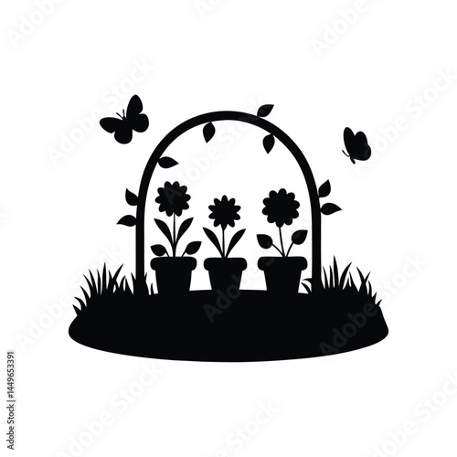 Black silhouette of a garden with flower pots, sunflower, butterfly, and picket fence