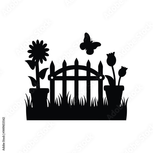 Black silhouette of a garden with flower pots, sunflower, butterfly, and picket fence