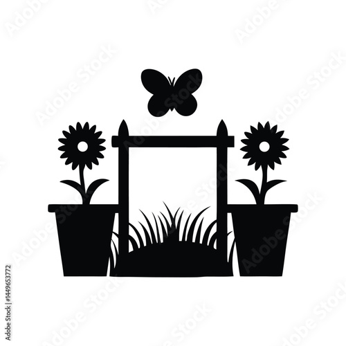 Black silhouette of a garden with flower pots, sunflower, butterfly, and picket fence