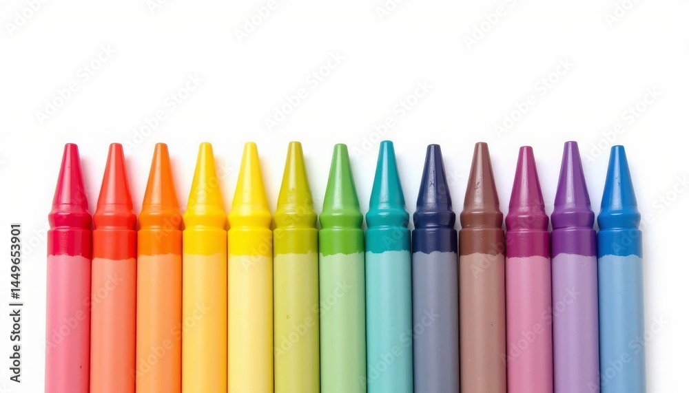 a neatly arranged row of brand new wax crayons in a vibrant rainbow gradient, standing upright on a white background