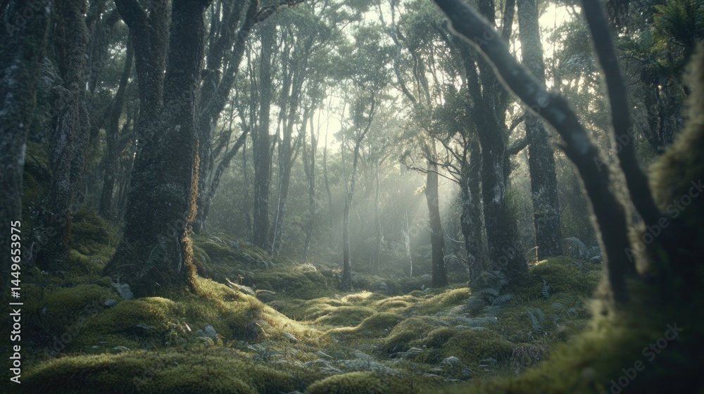 Obraz premium Enchanted Forest Path: Sunlit Mossy Trail Through Ancient Woods