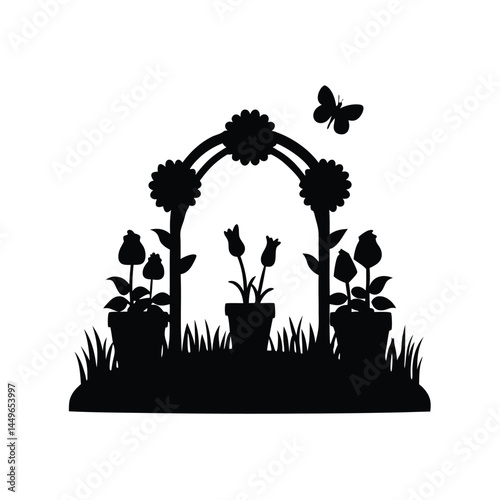 Black silhouette of a garden with flower pots, sunflower, butterfly, and picket fence