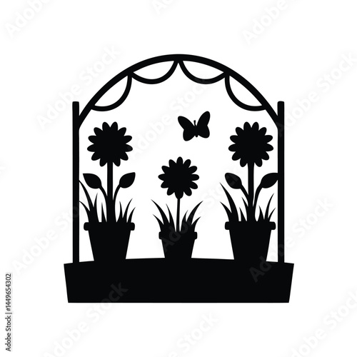Black silhouette of a garden with flower pots, sunflower, butterfly, and picket fence