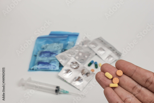 Close-up of a hand holding various pills and tablets with blurred medical supplies in the background