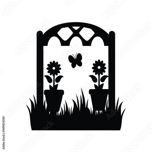 Black silhouette of a garden with flower pots, sunflower, butterfly, and picket fence