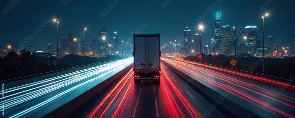 Freight truck moves on highway with bright light trails in urban area at night. Logistic and delivery concept. Fast speed transport. Cargo vehicle on expressway, city landscape.
