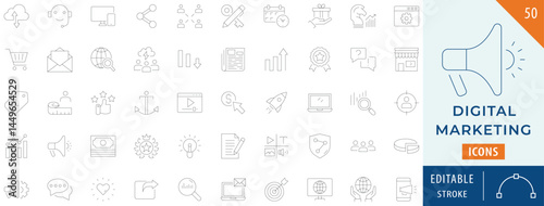 Digital Marketing Collection Icon Set. Containing Website, search, mail, analysis, content, strategy, development, and more. Editable stroke.