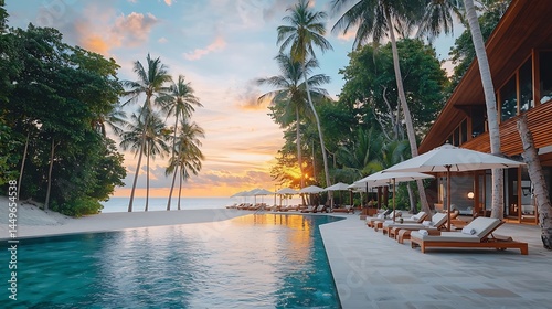 Tropical island resort at sunset.  Tranquil poolside paradise