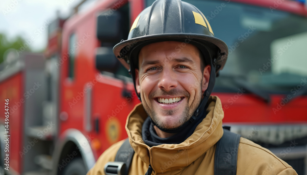Happy fireman smiling, wearing helmet and protective gear. Face close-up near fire truck. Emergency services worker, pro, ready for rescue. Firefighter uniform, safety.