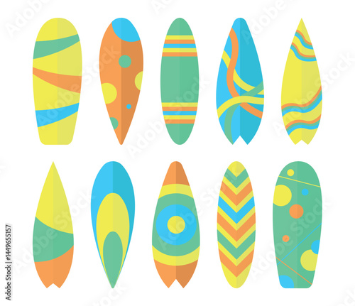 Set of ten surfboard icons on white background.