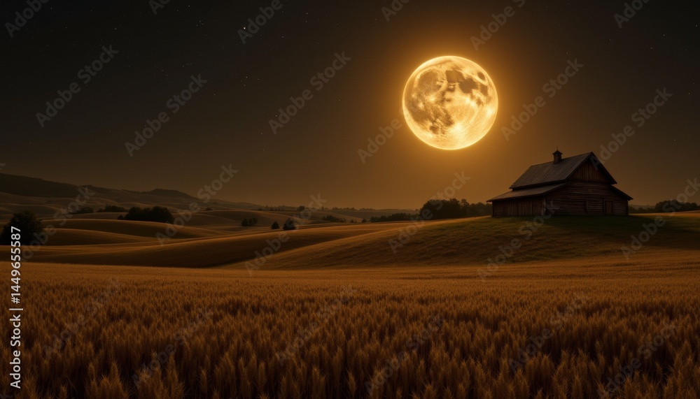Fototapeta premium a vast countryside landscape illuminated by the glowing golden full harvest moon