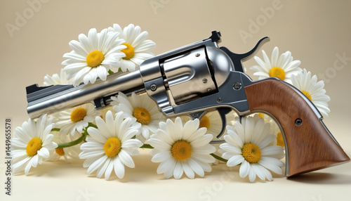 Obraz na płótnie Illustration silver revolver intertwined with delicate daisy flowers. Contrast between violence beauty harmony. Concept image represents peace, strong message. Artistic statement, floral composition. w salonie