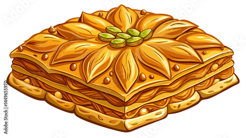 Beautifully arranged piece of baklava.
Nutty, sweet, and golden—an icon of taste.
Set alone on white for full visual impact.
Ready for use in food posters and graphics.

