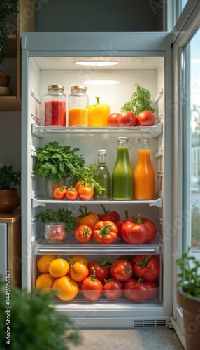 Wallpaper Mural Open fridge filled with fresh groceries. Bright fresh produce, drinks, jars of juices inside. Healthy vegetarian food, vitamins, nutrition, eco concept. Raw fruits, vegetables. Clean eating lifestyle. Torontodigital.ca