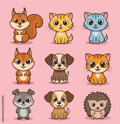 Adorable Cute Cartoon Squirrels Cats Dogs Hedgehog Vector Set