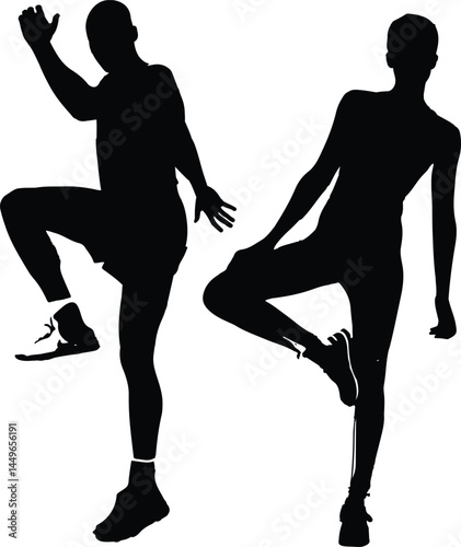 Dynamic woman and man Warm Up Exercise Silhouettes Vector Set