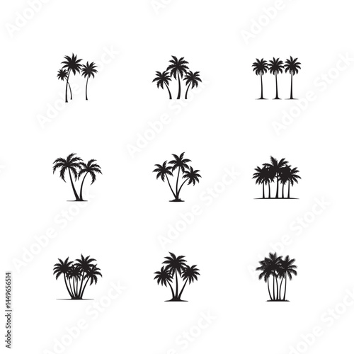 Set of Palm Tree Silhouettes for Tropical and Beach Designs, palm tree silhouette, tropical tree, coconut tree, and beach tree etc