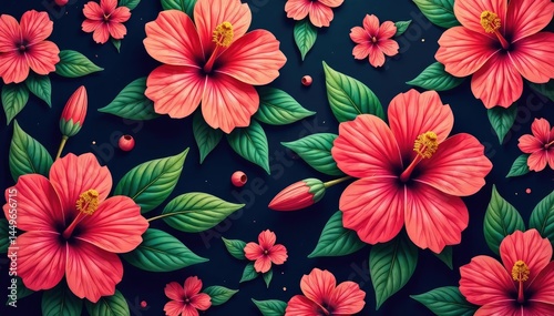 Bold hibiscus motif, repeating floral arrangement, rich color , orange, pattern