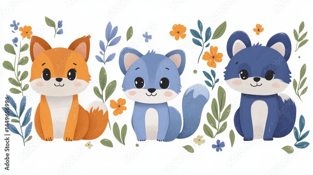 Naklejka premium Three adorable woodland creatures in pastel colors.