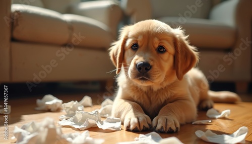 Cute puppy golden retriever lying on wooden floor surrounded torn paper pieces. Mischievous pet ate homework. Adorable dog with expressive eyes. Funny scene, home interior background.