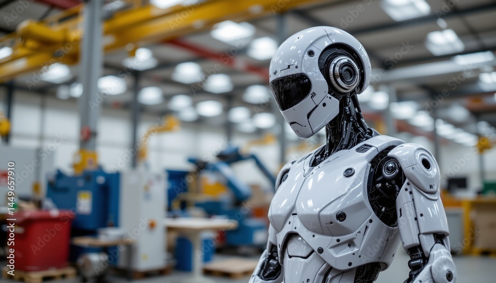 a robot in a warehouse setting. the robot is standing near other machines and industrial equipment