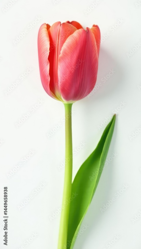 Fototapeta premium Freshly picked tulip stem against a white background, pure, flower