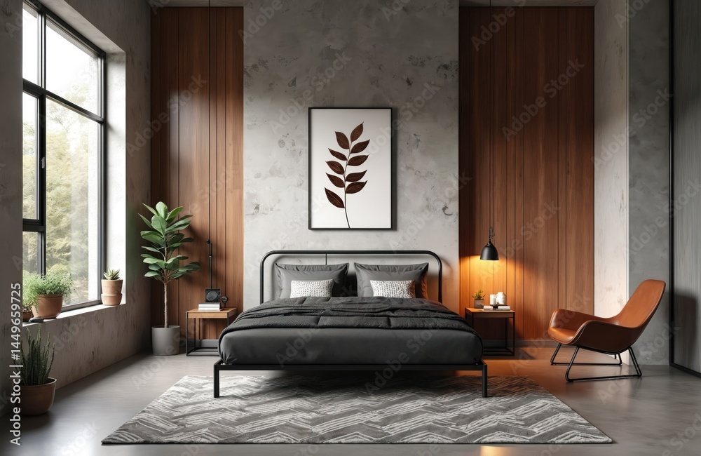 Modern industrial-style bedroom interior with concrete walls and metal bed frame. Warm wood tones with a geometric rug create cozy atmosphere. Contemporary apartment design. Generative AI art.