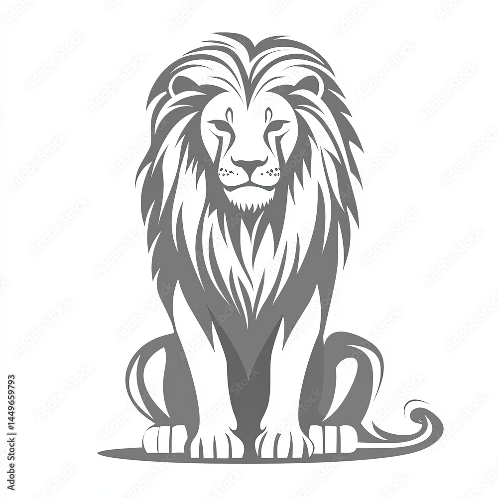 Obraz premium Lion vector icon, simple line art, gray color on a white background, one thin stroke for the lion's body and mane, no details in the front view. 