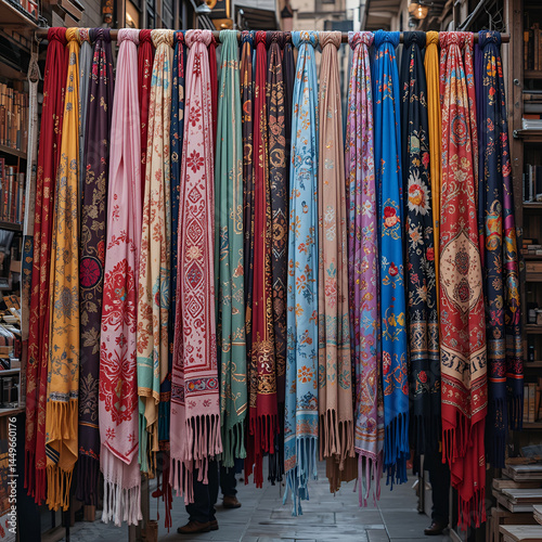 Various colorful scarves hanging at street bazaar in Istanbul