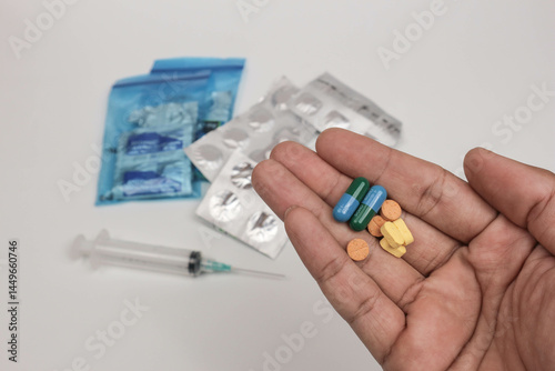 Close-up of a hand holding various pills and tablets with blurred medical supplies in the background