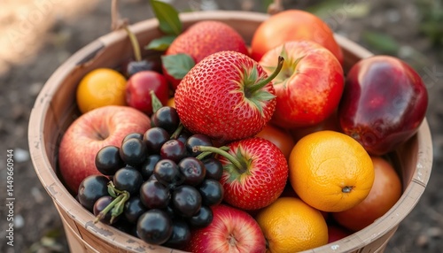 Assorted fresh fruits in a wooden basket