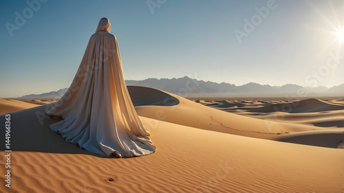Lone Figure in White Cloak Against Expansive Desert Dunes