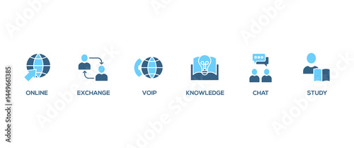 E-learning banner web icon vector illustration concept with icon of online, seminar, exchange, voip, knowledge, chat, study and download