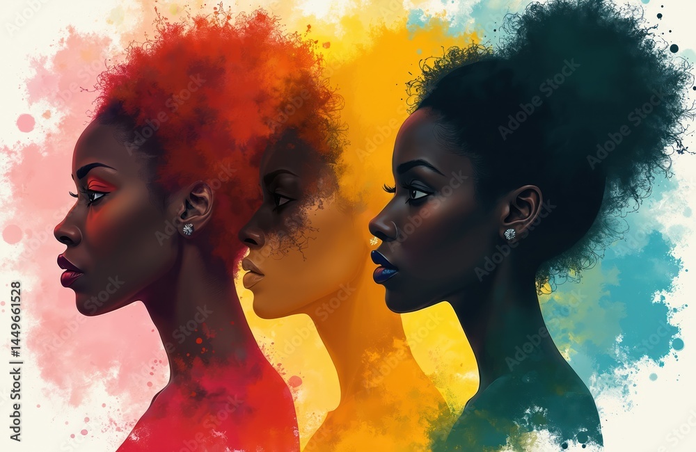 Illustration of three women profiles with vibrant colorful backgrounds. Women with different hairstyles, makeup, skin tones. Diversity, inclusion, beauty, fashion, style, art, creative, expression,