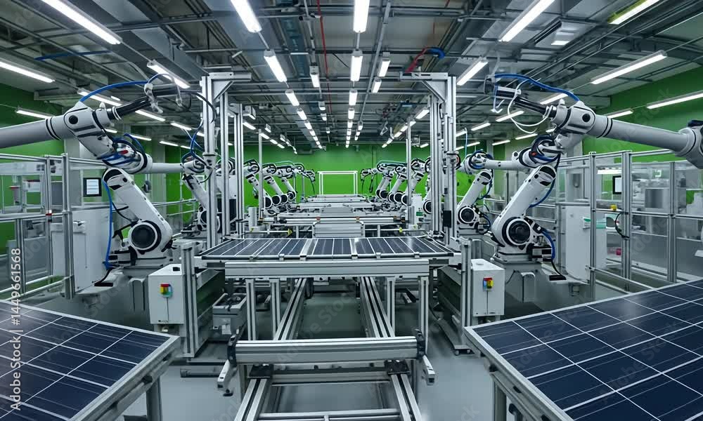 Solar panels being manufactured by robotic arms in a bright, advanced factory Solar panels being manufactured by robotic arms in a bright, advanced factory