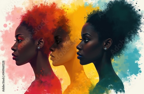 Obraz na płótnie Illustration of three women profiles with vibrant colorful backgrounds. Women with different hairstyles, makeup, skin tones. Diversity, inclusion, beauty, fashion, style, art, creative, expression, w salonie