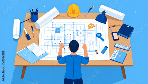 Man Concentrating On House Plan Blueprint At His Workplace