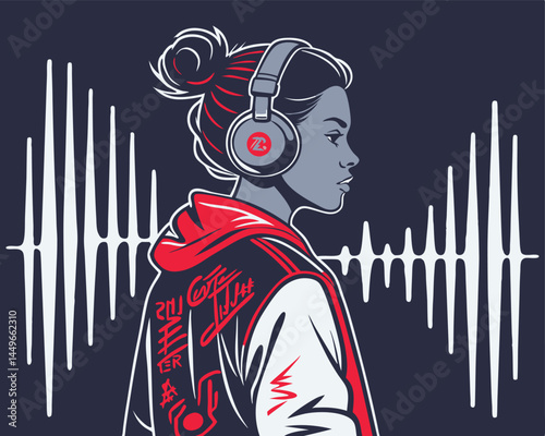 Stylized Illustration of a Woman Wearing Headphones with Soundwave Design