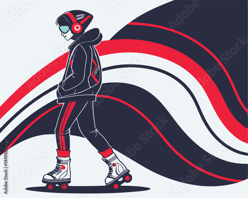 Stylish Youth Roller Skating With Urban Backdrop in Modern Artistic Design