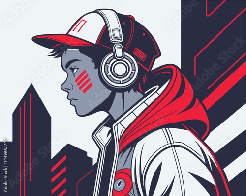 Graphical Illustration of Urban Youth with Headphones in a Stylized City Scene
